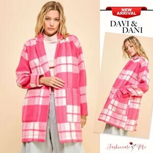 Davi & Dani Checker Plaid Pocket Drop Shoulder Open Front Coat Jacket | Hot Pink